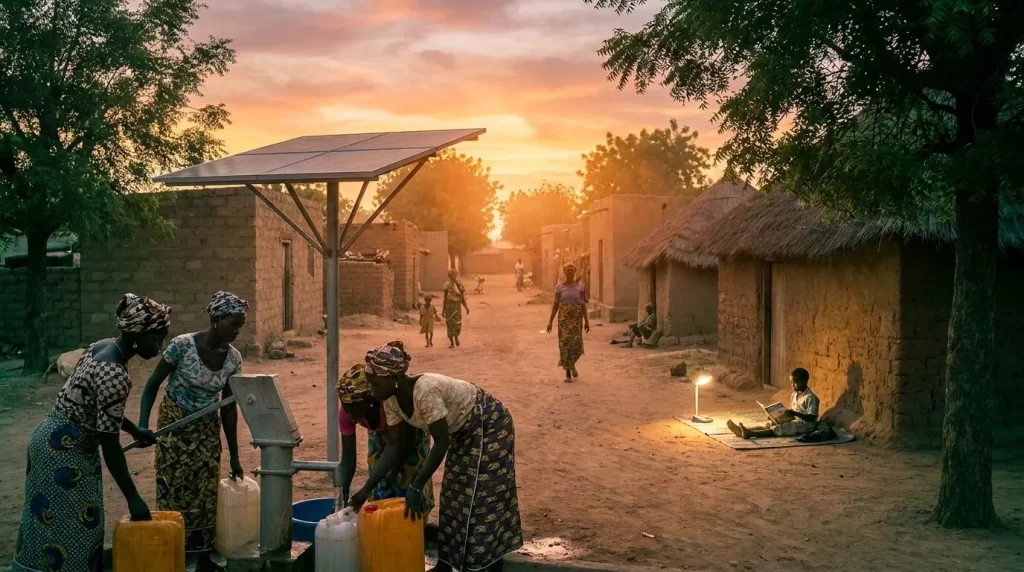 Community members using a solar-powered water pump as part of a rural electrification initiative