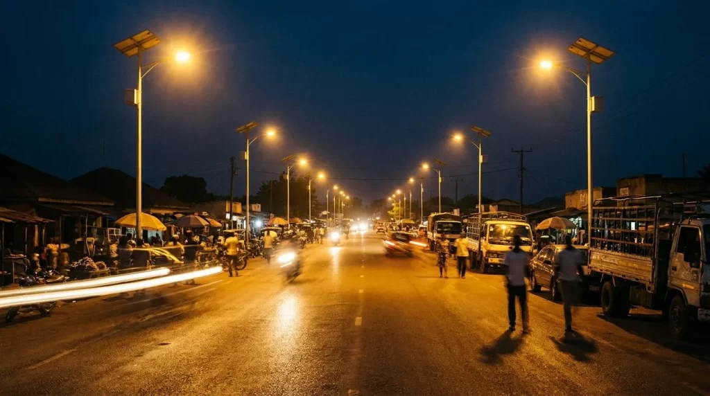 Solar-powered street lights illuminating a market road at night in Nigeria
