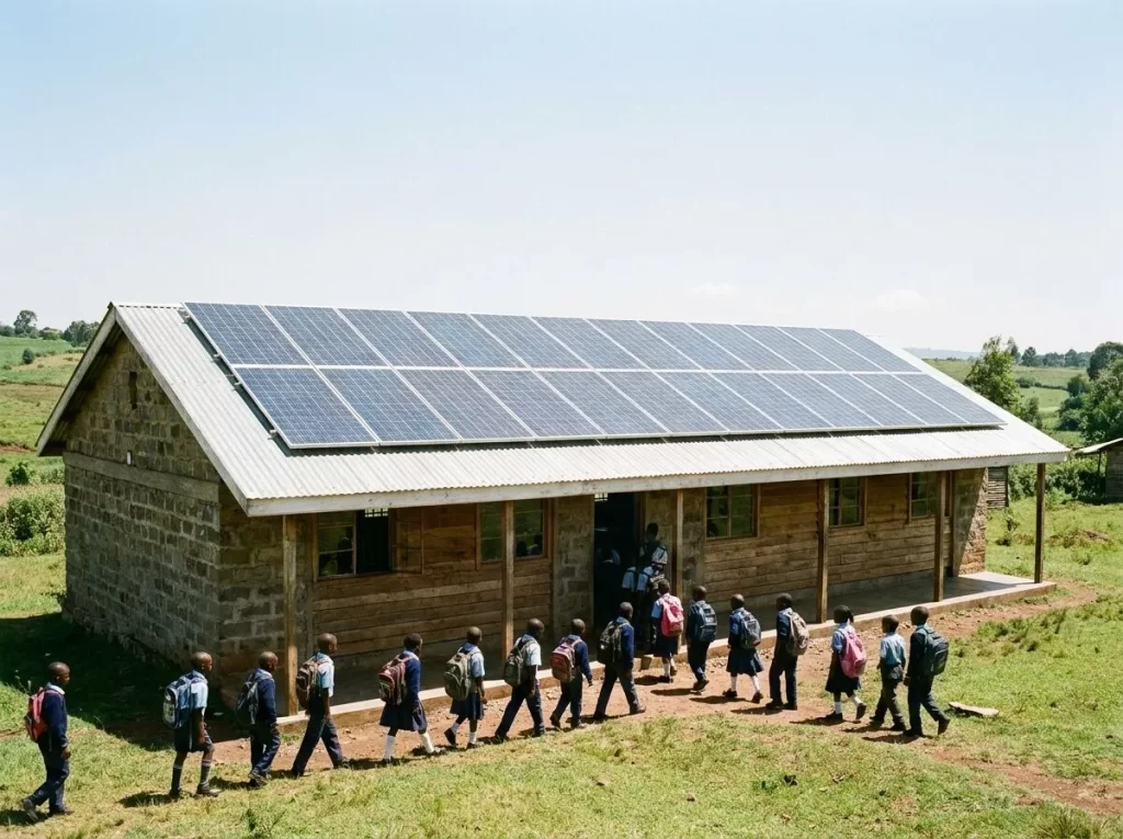 Solar panels installed on the roof of a rural school as part of an electrification program