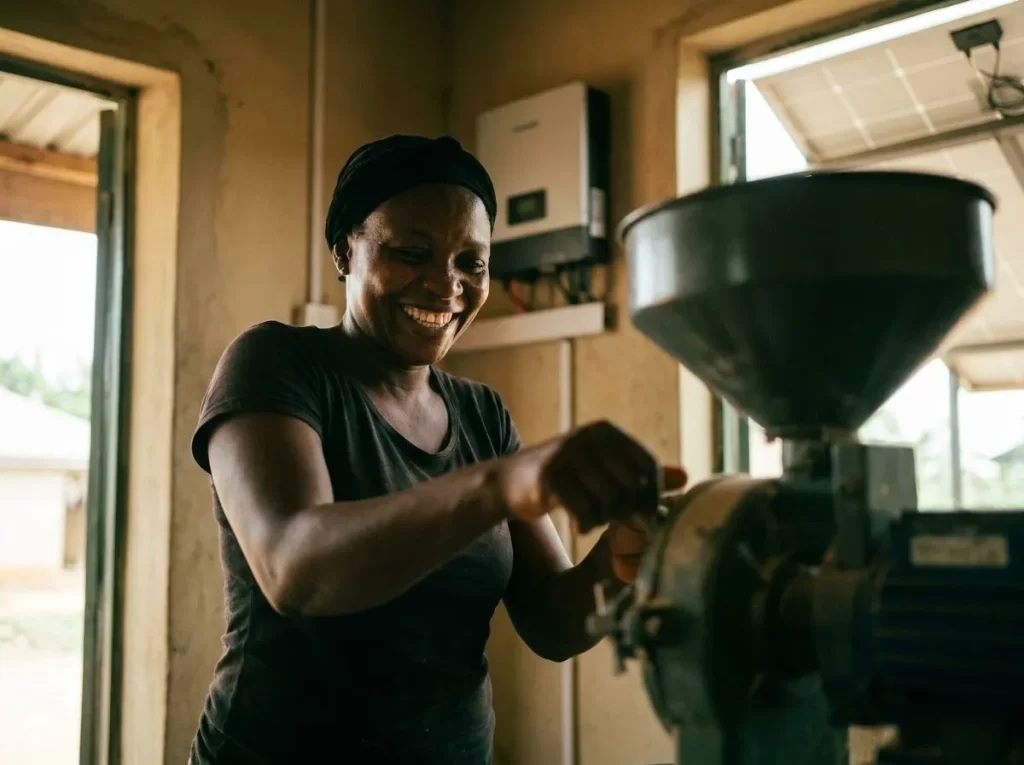 Nigerian business owner operating solar-powered equipment for productive use